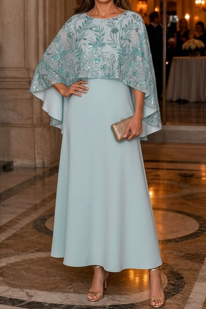 Sequined Cape A-Line Tea-Length Dress