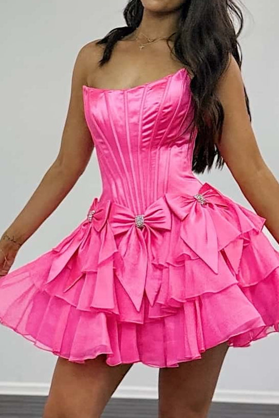 Strapless Corset Tiered Ruffle Mini Dress with Bows