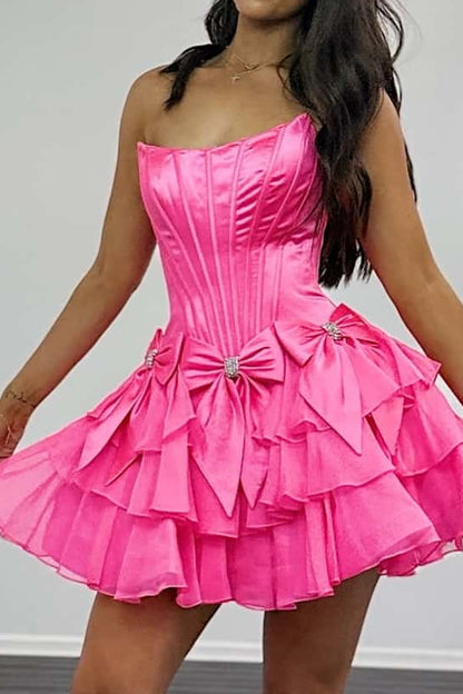 Strapless Corset Tiered Ruffle Mini Dress with Bows