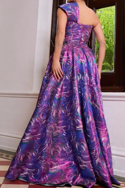 One-Shoulder Metallic Swirl A-Line Evening Gown