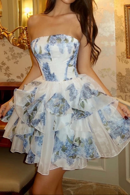 Strapless Floral Tiered Ruffle Mini Dress