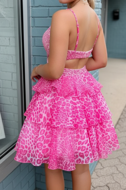 Animal Print Beaded Cut-Out Tiered Short Dress
