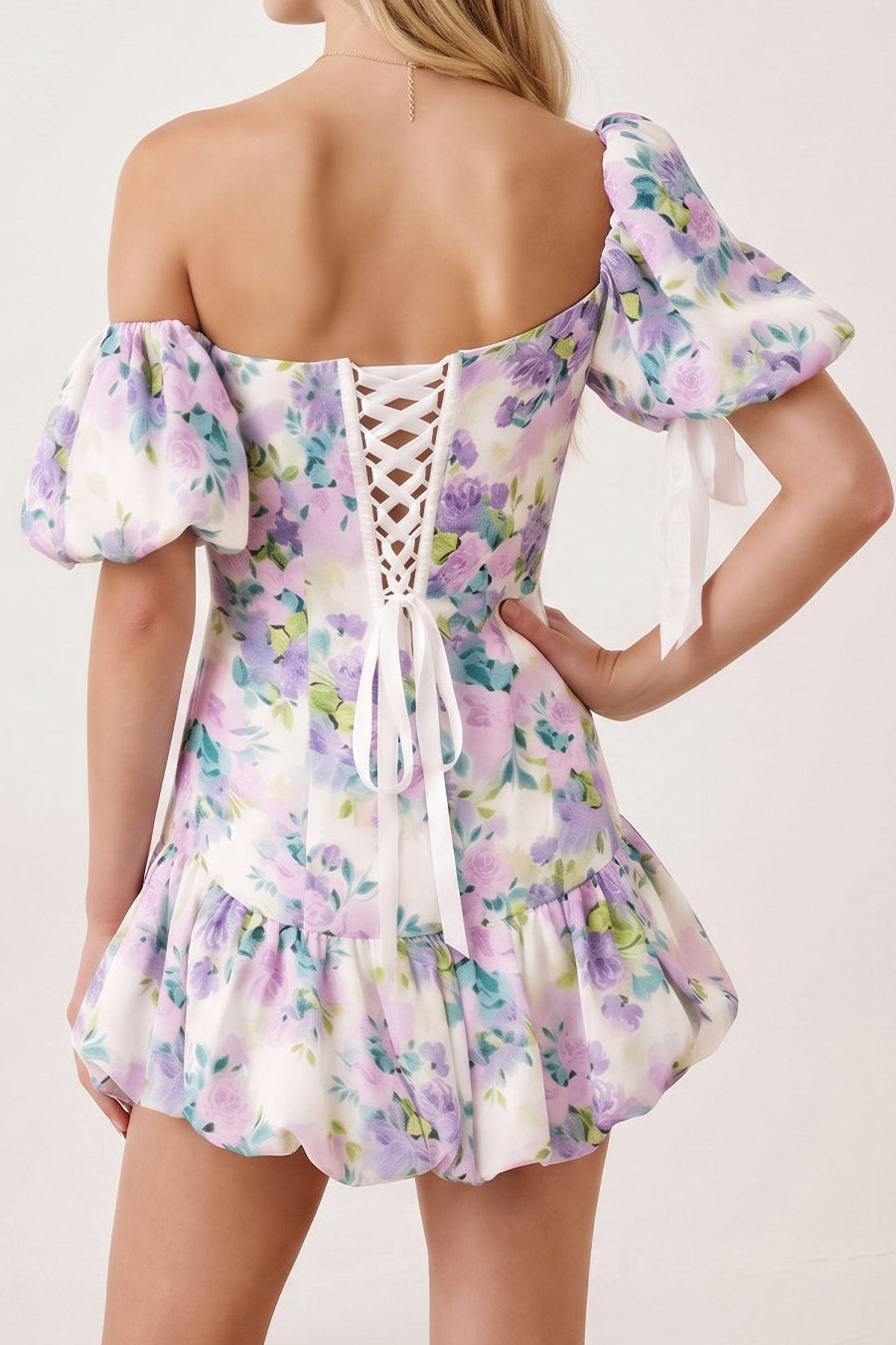 Floral Off-Shoulder Corset Bubble Hem Mini Dress