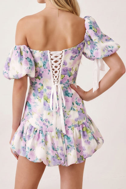 Floral Off-Shoulder Corset Bubble Hem Mini Dress