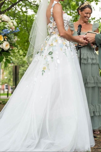 3D Floral Applique Tulle A-Line Wedding Dress