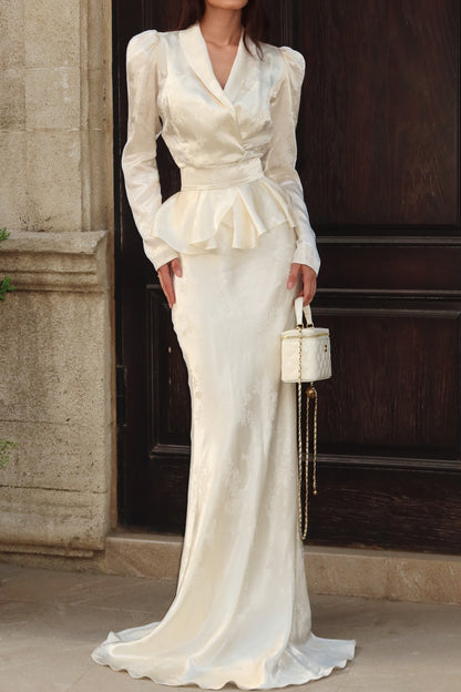 Jacquard Satin Peplum Long Sleeve Gown