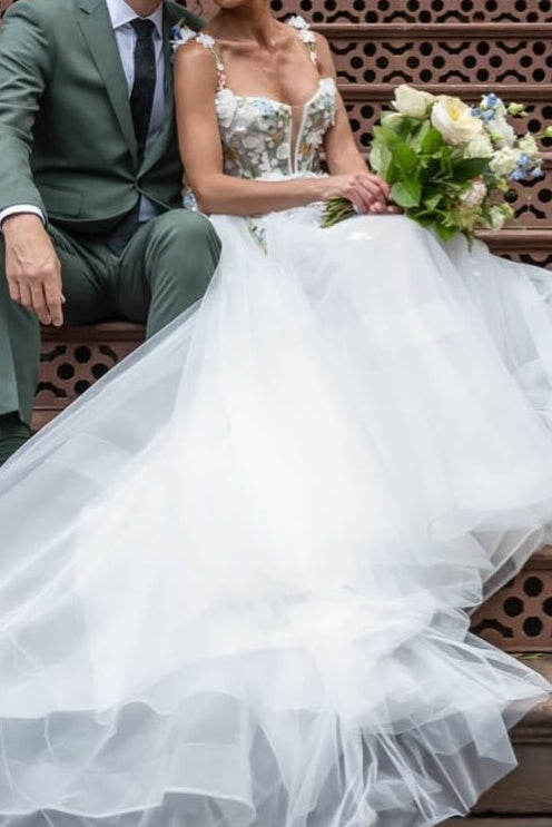 3D Floral Applique Tulle A-Line Wedding Dress