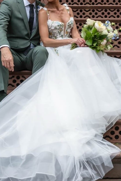 3D Floral Applique Tulle A-Line Wedding Dress