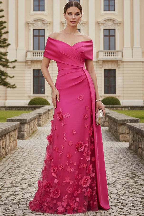 Off-Shoulder Floral Applique Evening Gown