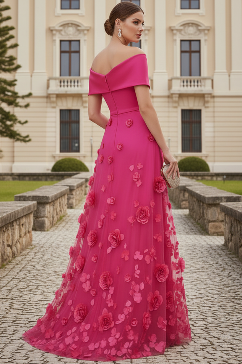 Off-Shoulder Floral Applique Evening Gown