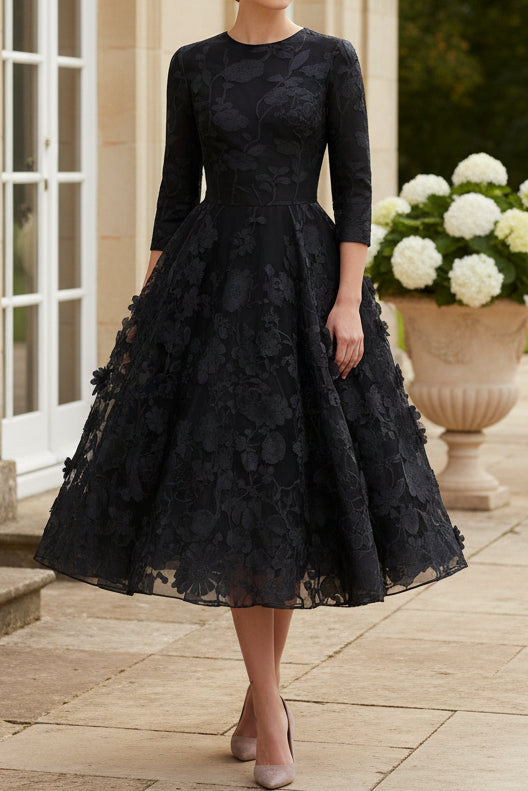 Floral Jacquard Fit and Flare Midi Dress 3/4 Sleeve