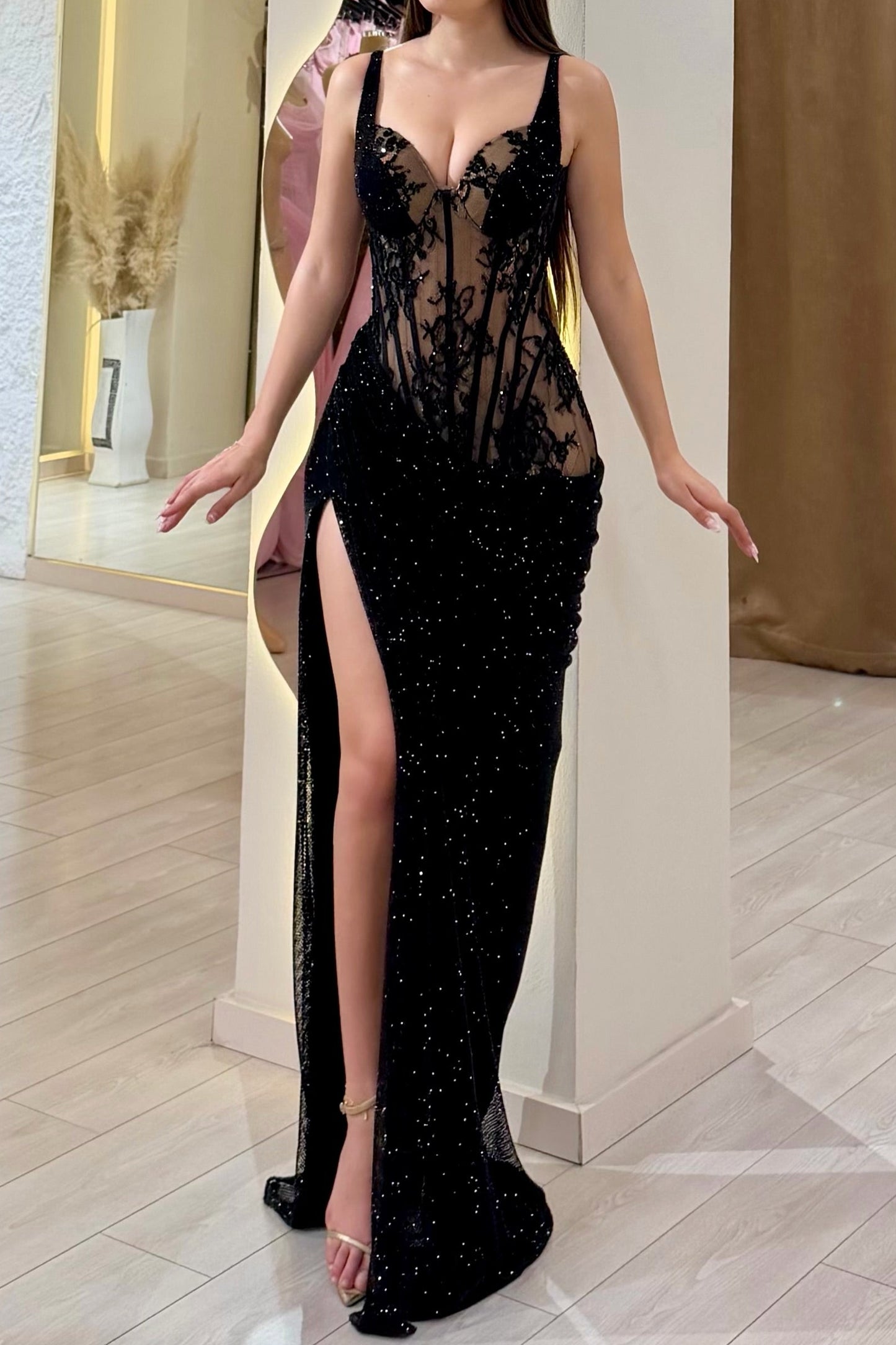 Corset Lace High Slit Evening Gown