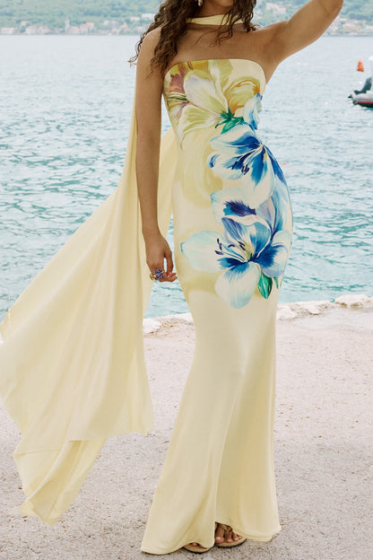 Strapless Floral Print Maxi Dress with Neck Drape