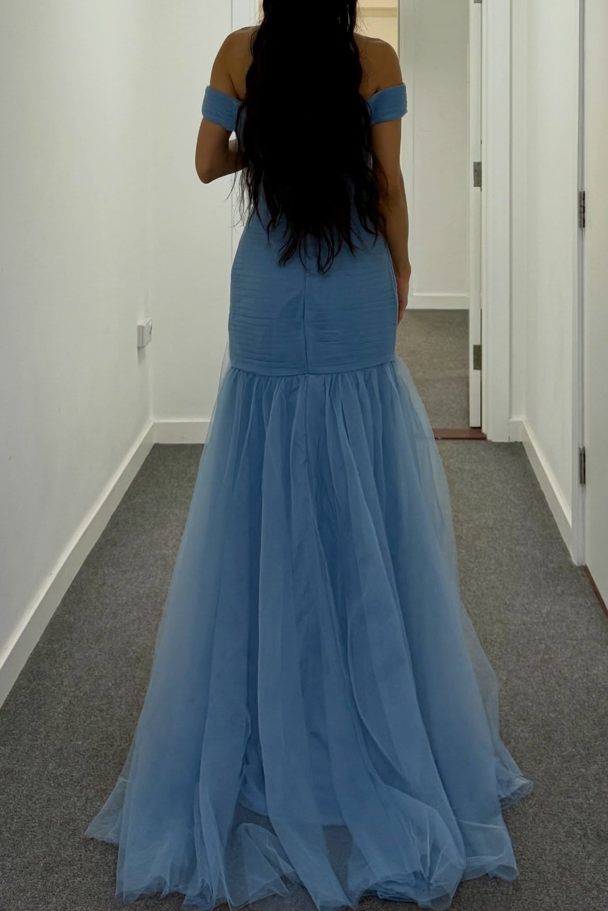 Off-the-Shoulder Pleated Tulle Mermaid Evening Gown