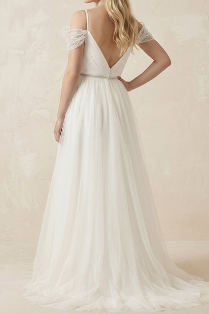 A-Line Tulle Wedding Dress with Beaded Cold Shoulders