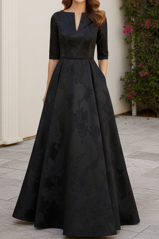 Floral Jacquard A-Line Evening Gown with Tie-Waist Belt