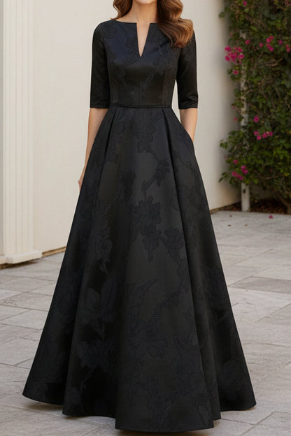 Floral Jacquard A-Line Evening Gown with Tie-Waist Belt