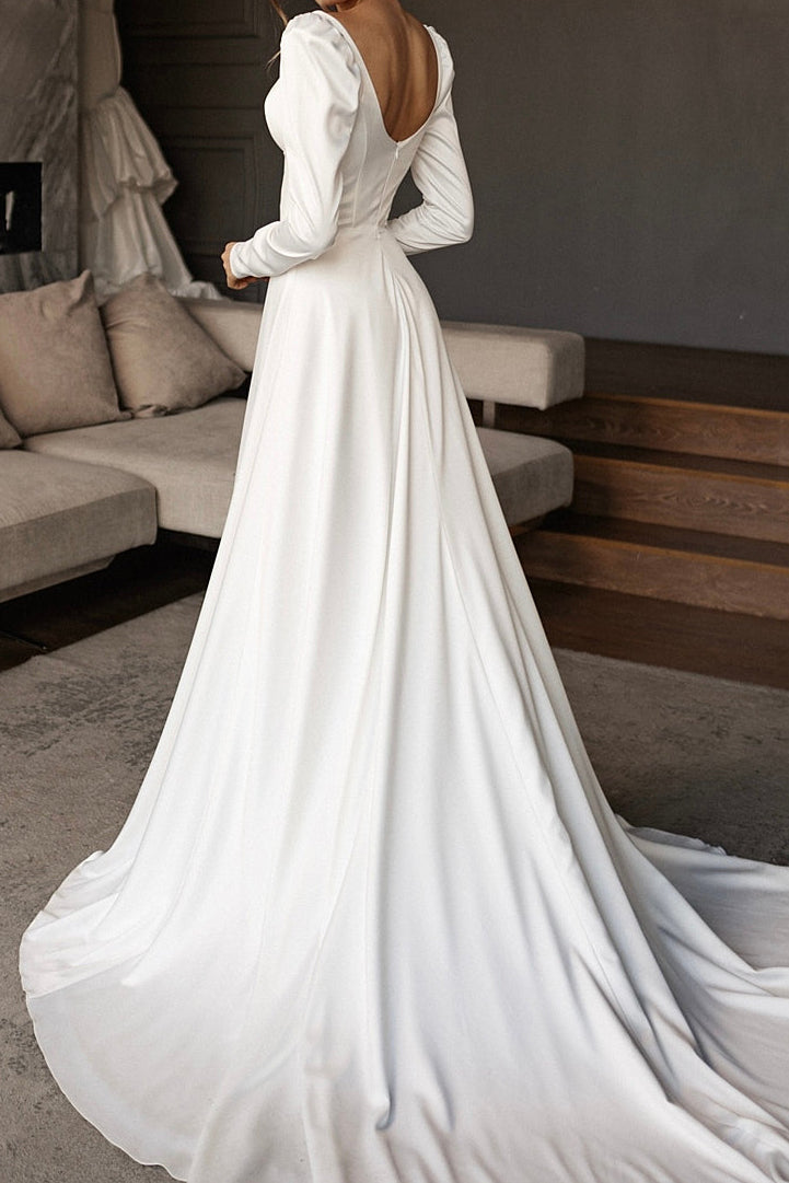 Satin Wedding Dress with Long Puff Sleeves