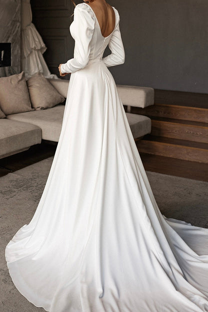 Satin Wedding Dress with Long Puff Sleeves