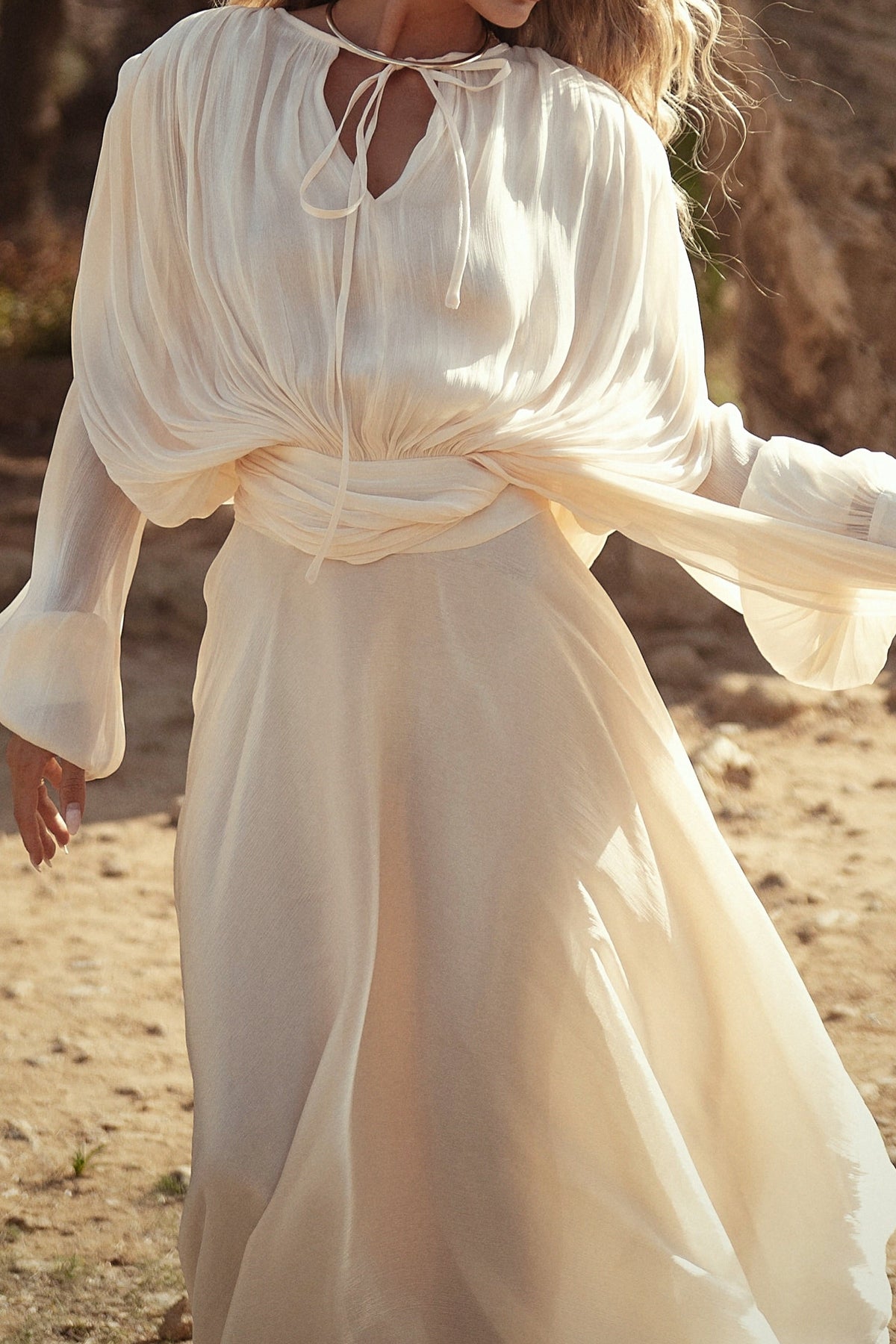Tie-Neck Maxi Dress with Bishop Sleeves