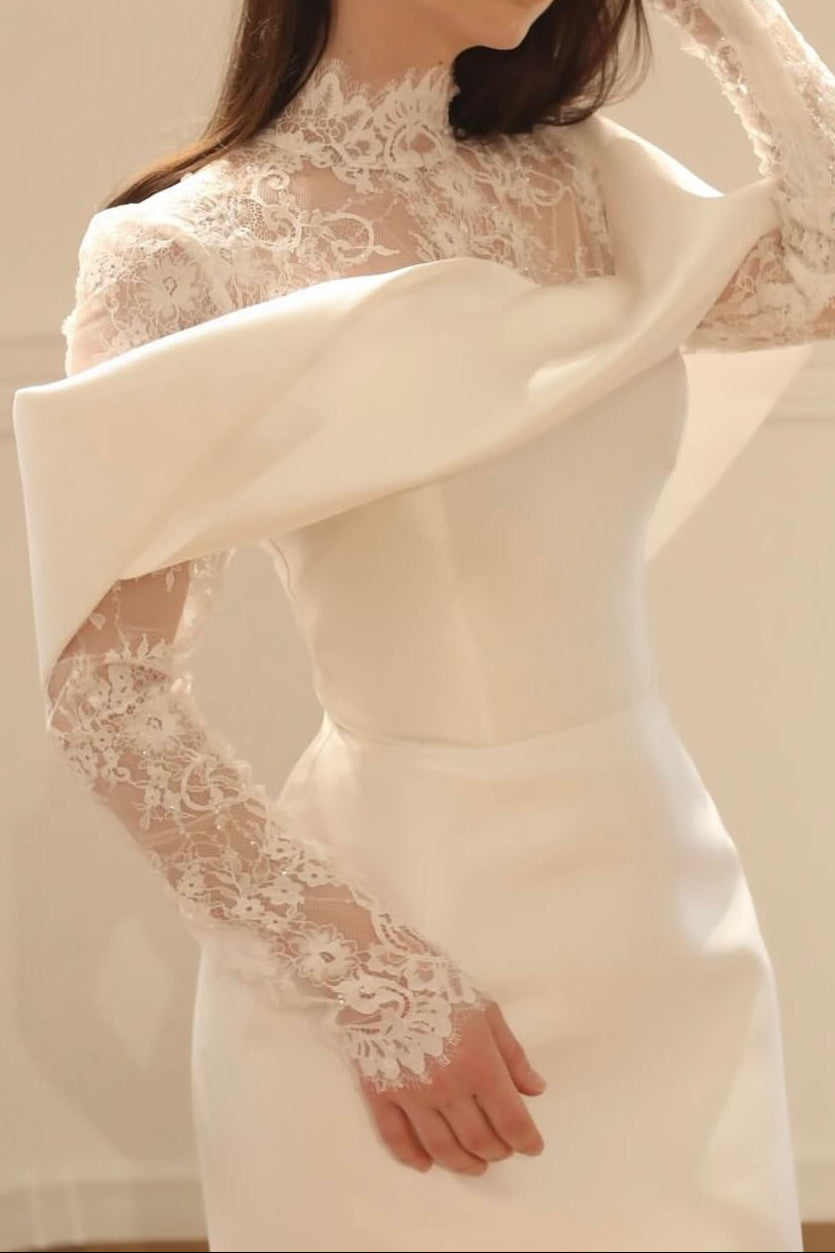 Satin and Lace Mermaid Wedding Dress with Long Sleeves
