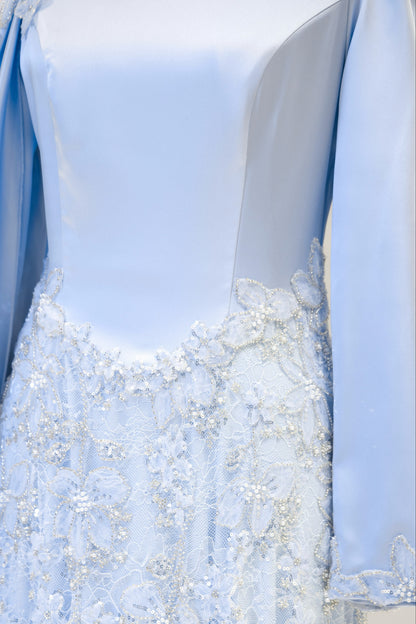 High-Neck Long-Sleeve Evening Gown with Floral Cape