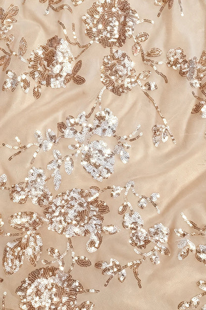 One-Shoulder Floral Sequin Gown with Side Ruffle