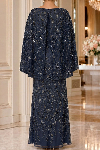 Beaded Cape Overlay Evening Gown