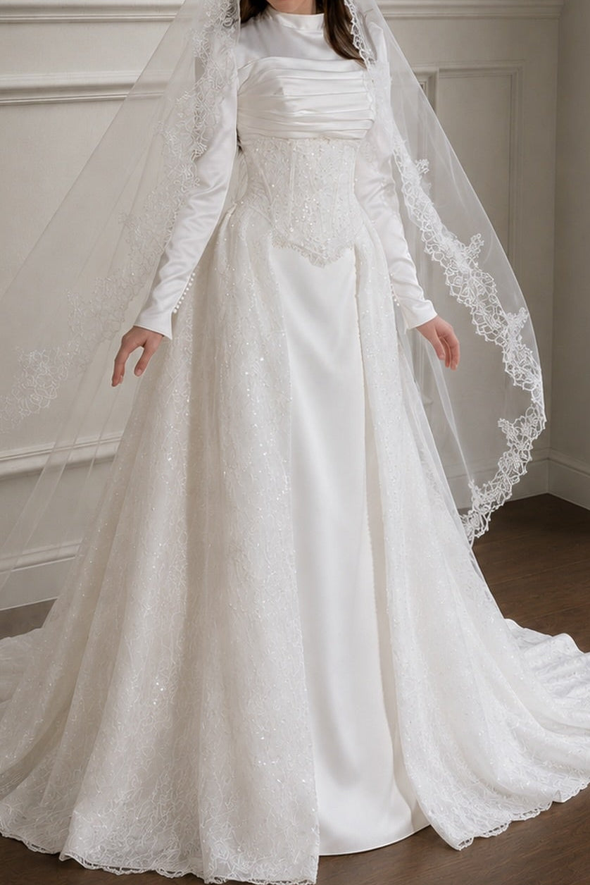 Long Sleeve High Neck Wedding Dress with Corset Waist