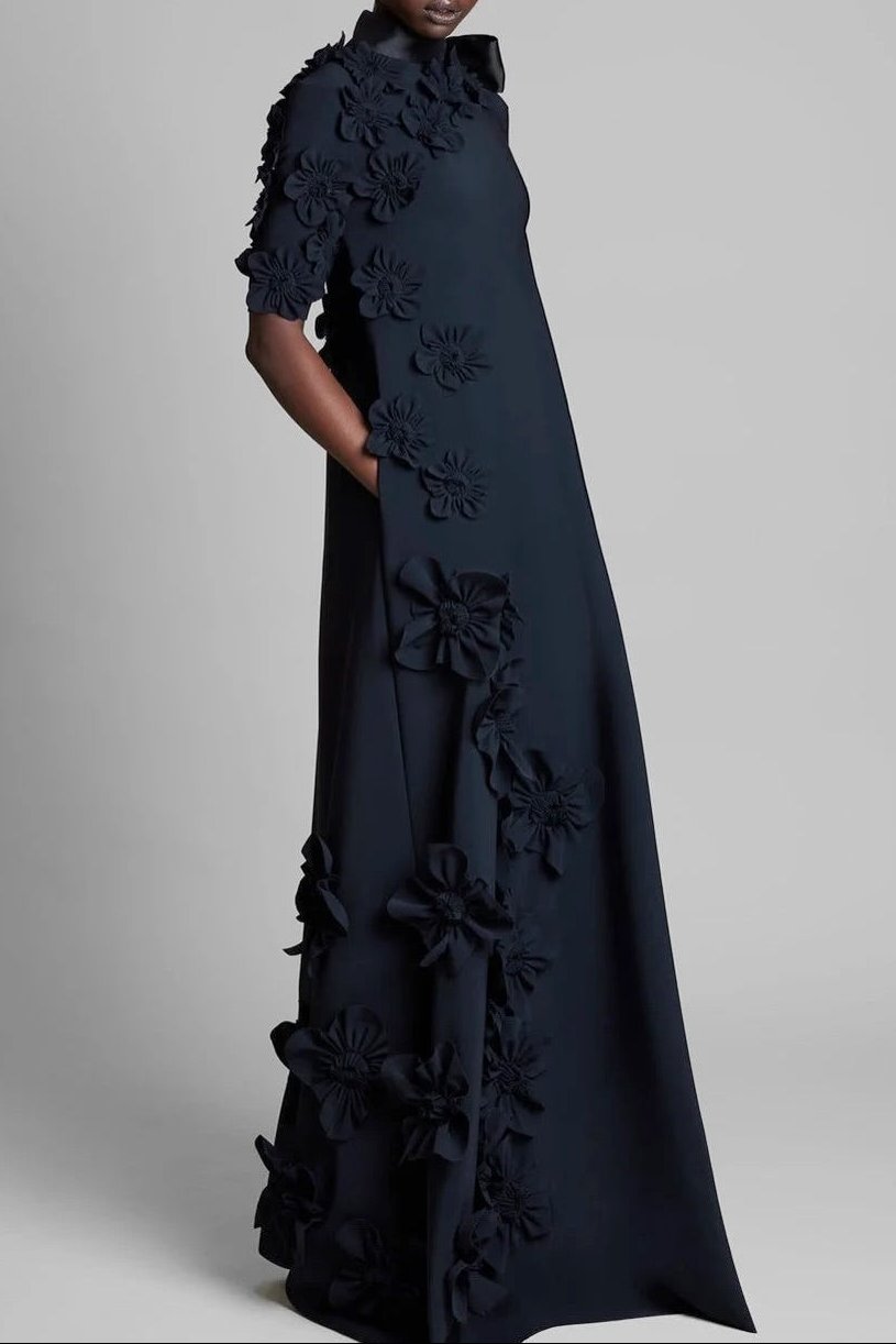 3D Floral Applique High Neck Evening Gown
