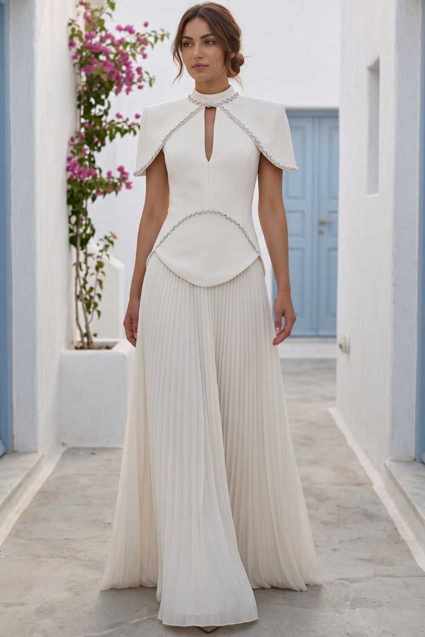 High Neck Embellished Pleated Gown