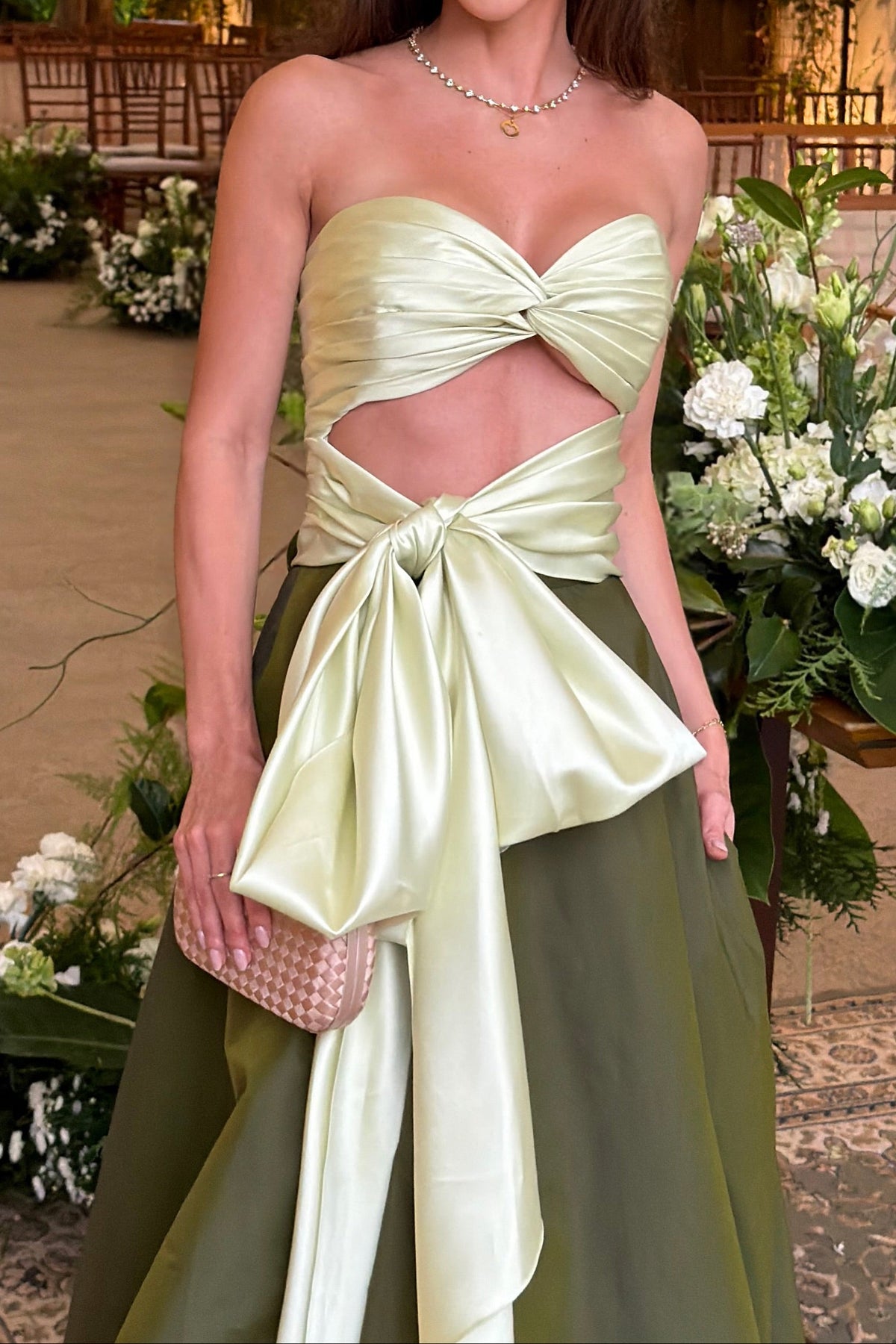 Strapless Cut-Out Evening Gown with Bow Accent