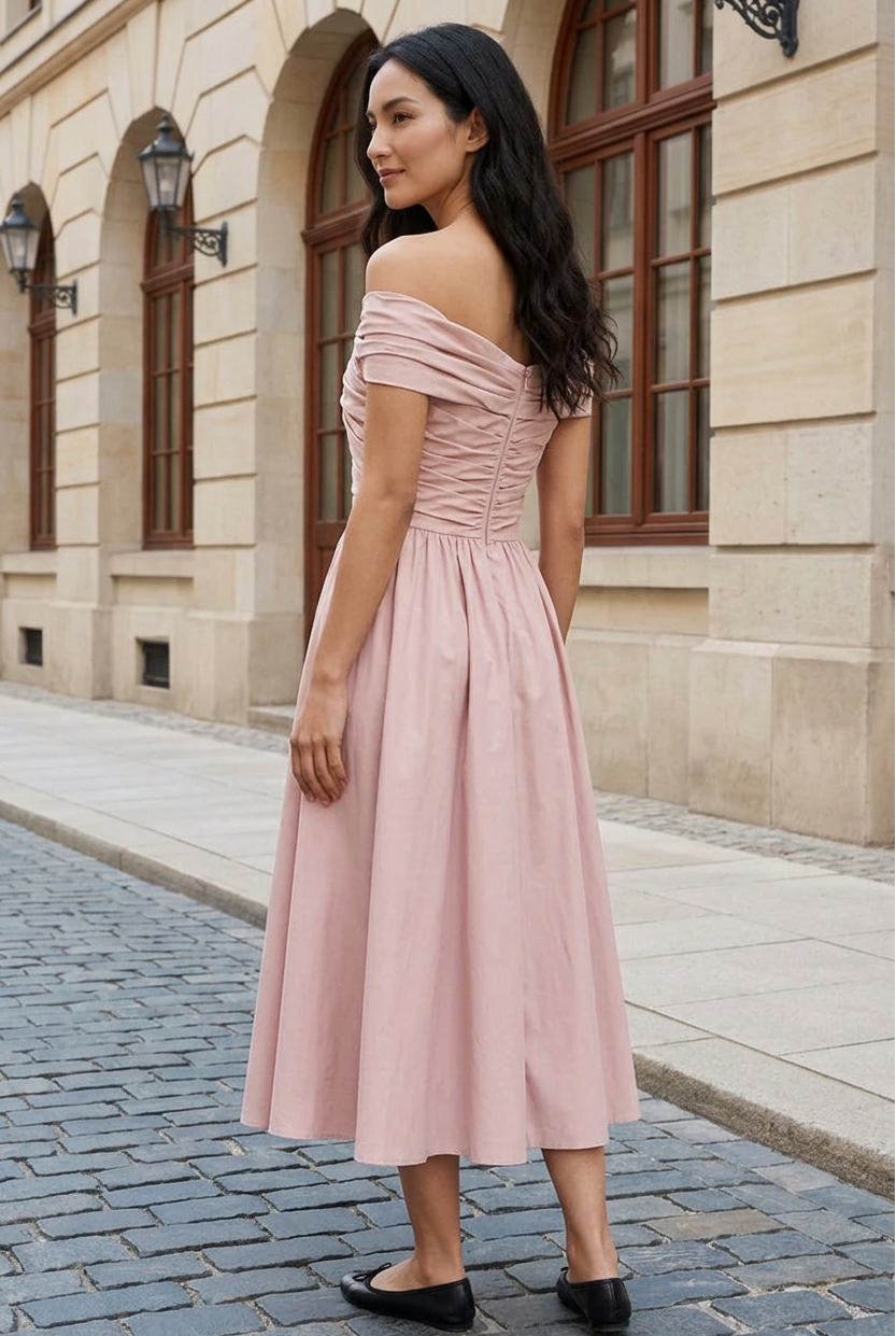 Off-the-Shoulder Ruched Midi Dress