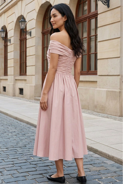 Off-the-Shoulder Ruched Midi Dress