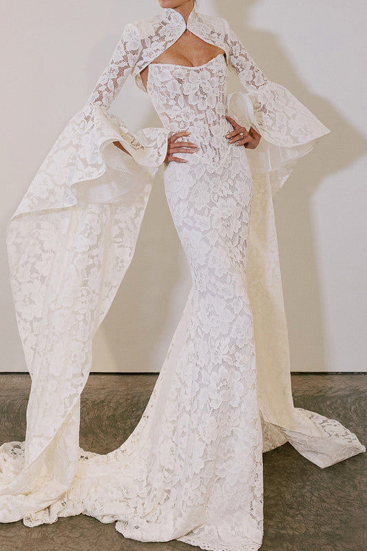 Lace Mermaid Wedding Dress with High-Neck Bolero