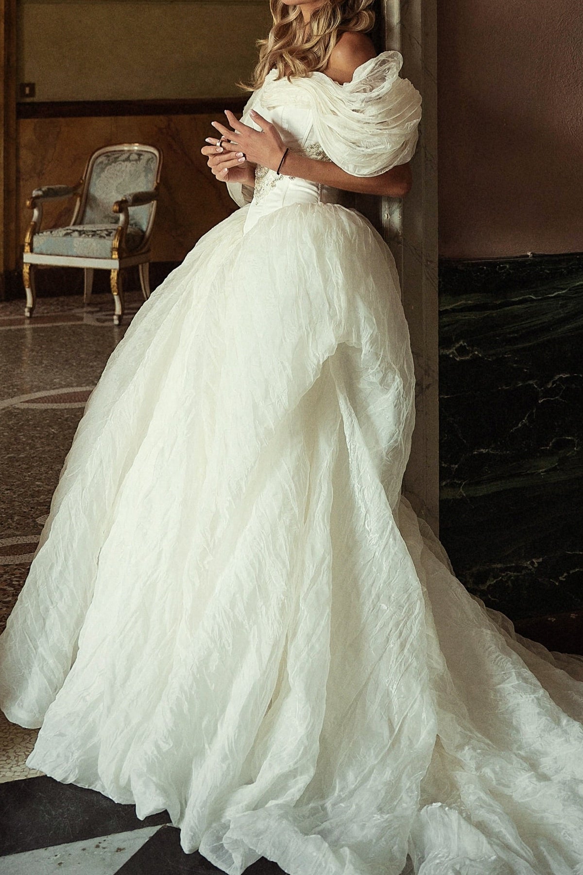 Off-the-Shoulder Corset Ball Gown Wedding Dress
