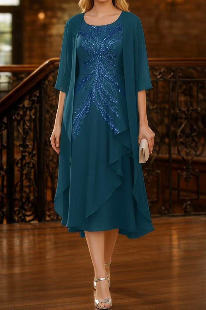 Sequin Embroidered Midi Dress with Sheer Jacket