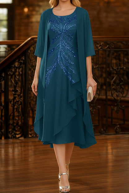 Sequin Embroidered Midi Dress with Sheer Jacket