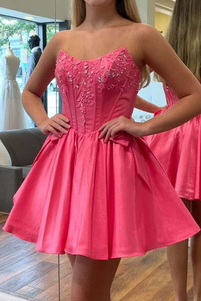 Strapless Beaded Corset Satin Homecoming Dress