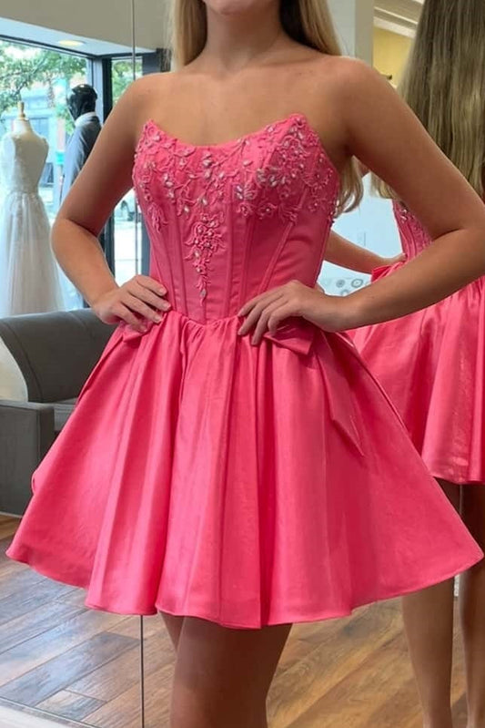 Strapless Beaded Corset Satin Homecoming Dress