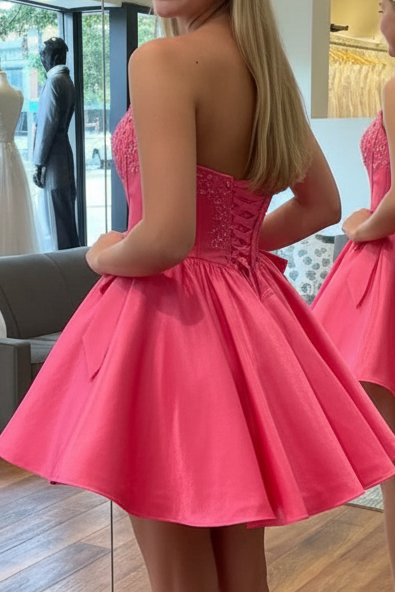Strapless Beaded Corset Satin Homecoming Dress