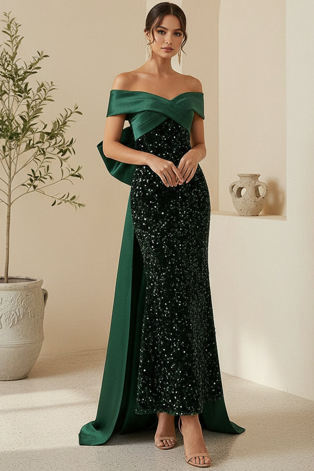 Off-Shoulder Sequin Evening Gown with Bow