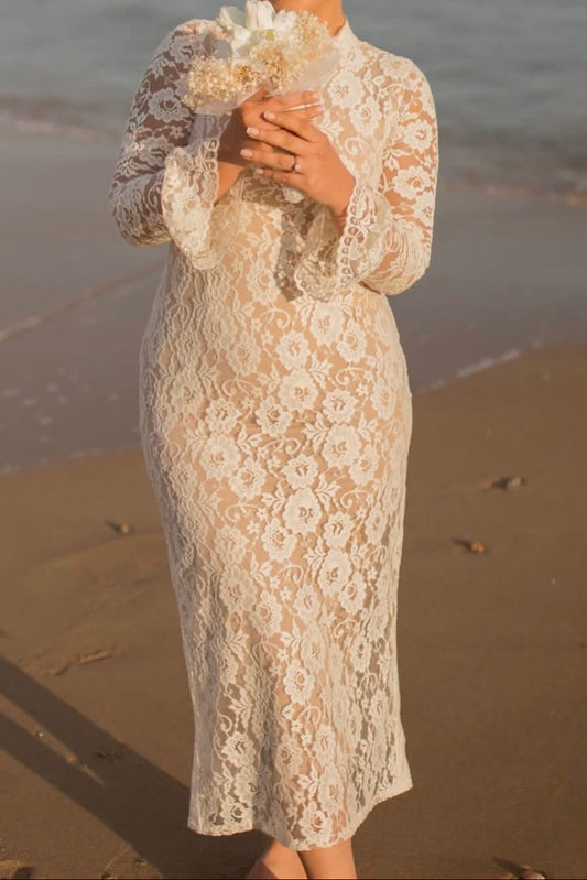 High Neck Lace Midi Wedding Dress with Keyhole Back