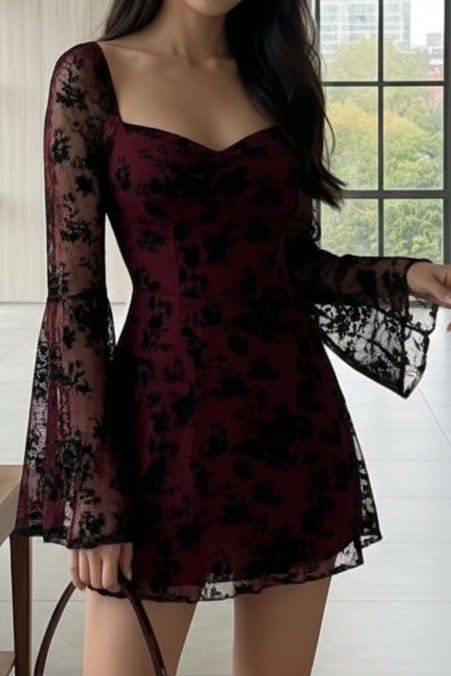 Floral Lace Sweetheart Mini Dress with Bell Sleeves