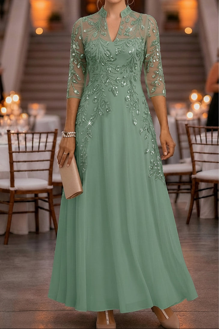 Sequin Illusion Sleeve A-Line Formal Evening Dress