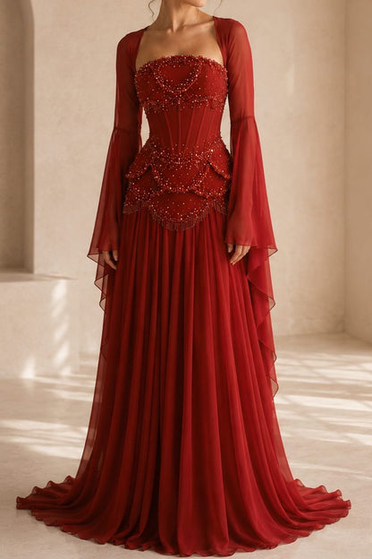 Beaded Corset Pleated Chiffon Gown with Bell Sleeves