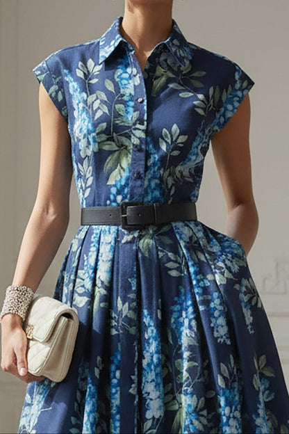 Floral Print Pleated Midi Shirt Dress with Pockets
