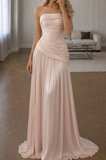 Strapless Ruched Drop Waist Pleated Gown