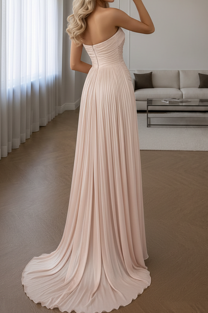 Strapless Ruched Drop Waist Pleated Gown