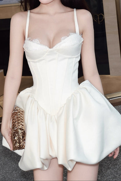 Corset Bubble Hem Mini Dress with Lace Trim